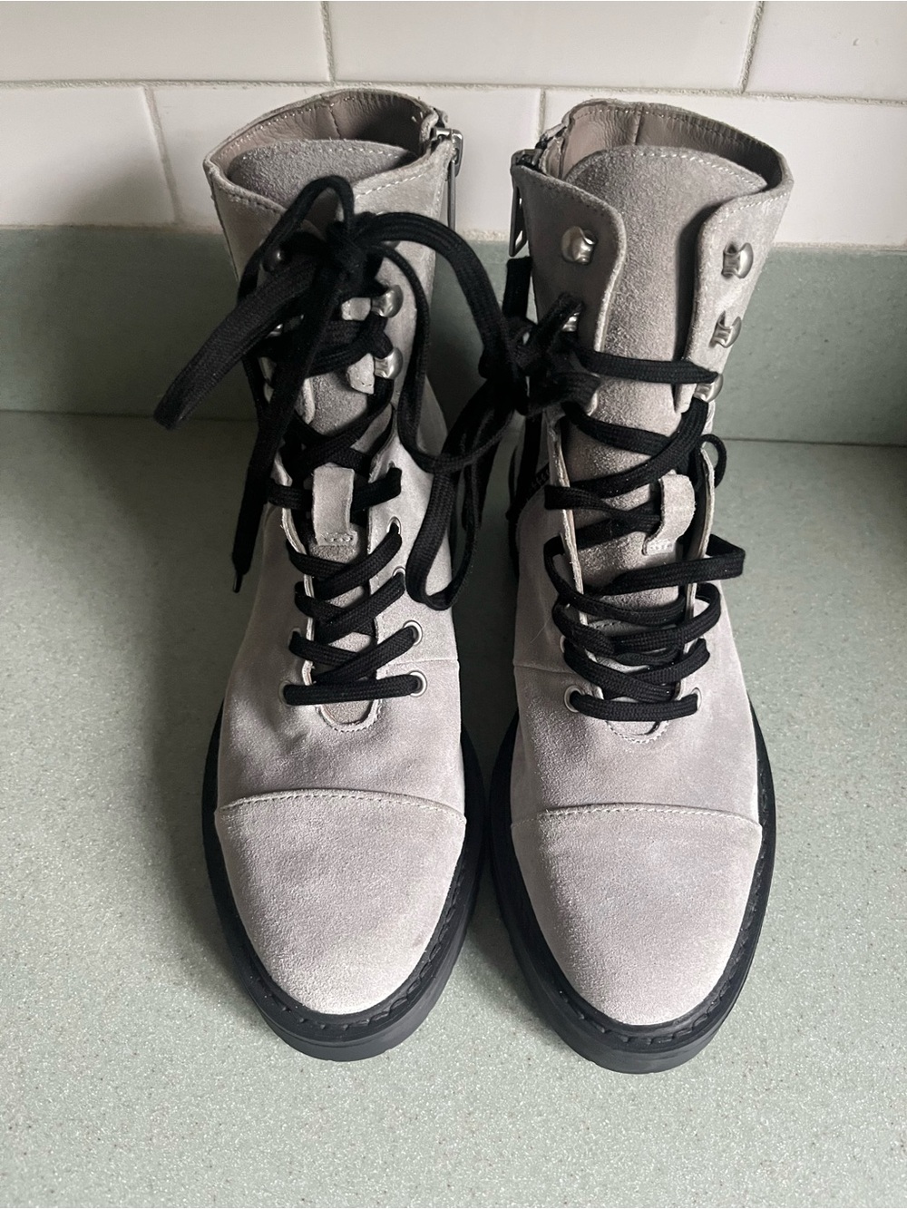 All Saints Light dusty Gray Suede Lace-Up Combat Boots with Black Laces Sz 7 NEW